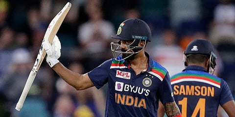 India's KL Rahul raises his bat after making 50 runs against Australia during their T20I match at Manuka Oval, in Canberra. (Photo | AP)