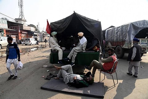 Farmers during their Delhi Chalo protest against new farm laws at Delhi-Haryana Singhu border in New Delhi on Thursday Dec. 3 2020. (Photo | Parveen Negi/EPS)