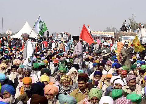 Farmers during their Delhi Chalo protest against new farm laws at Delhi-Haryana Singhu border in New Delhi. (Photo | Parveen Negi, EPS)