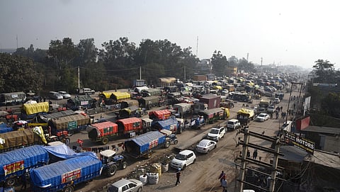 Tractor trolleys, vans and other vehicles were used by farmers to reach Delhi. In picture, vehicles of farmers halted at Singhu border during their Delhi Chalo march against the Centre's farm reform l