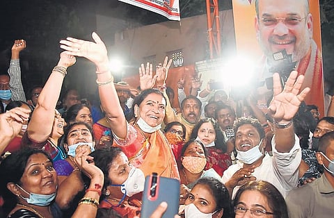 BJP national vice-president DK Aruna celebrates the saffron party’s massive leap in the GHMC elections.