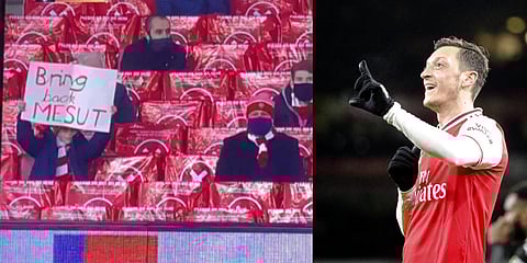 A fan (L) in the Emirates stadium with 'Bring back Mesut' message; Arsenal player Mesut Ozil (R) (Photos | Twitter/@primevideosport, AP)