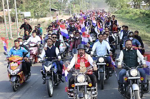 AGP chief Atul Bora taking part at a bike rally of the party. (Photo | Parikhit Saikia, Express)