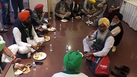 Representatives of various farmer unions have food carried by them during a meeting with the government. (Photo | Special Arrangement)