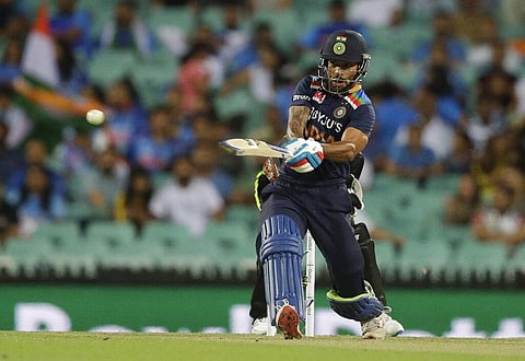 India's Shikhar Dhawan plays a shot during the second T20 international cricket match between Australia and India at the Sydney Cricket Ground in Sydney, Australia. (Photo | AP)