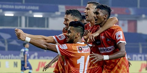FC Goa players celebrate a goal during the ISLÂ match against Kerala Blasters at Fatorda Stadium in Goa. (Photo | PTI)