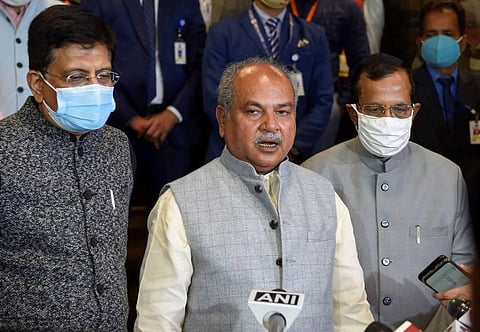 Union Minister for Farmers' Welfare Narendra Singh Tomar along with Union Minister for Commerce and Industry Piyush Goyal addresses media. (Photo | PTI)