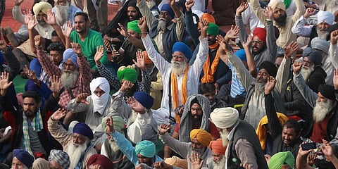 Farmers shouting slogans during their Delhi Chalo protest march against the new farm laws at Singhu border in New Delhi. (Photo | Shekhar Yadav, EPS)