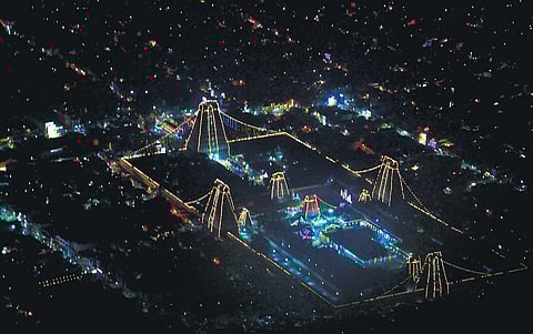Annamalaiyar Temple dazzling with electric lights on the day of the festival of lights in Tiruvannamalai. (Photo | Special Arrangement)