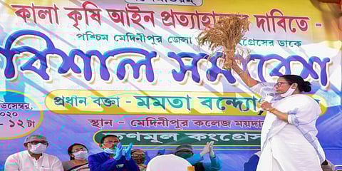 West Bengal Chief Minister Mamata Banerjee addresses a rally to protest against the Center's new farm laws in Midnapore. (Photo | PTI)