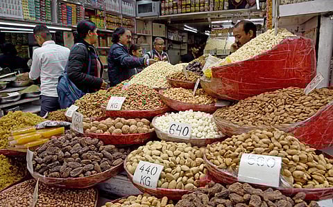 Nuts and dry fruits on display at Khari Baoli market in New Delhi. (Photo | Parveen Negi, EPS)