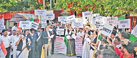 Retired judges lead lawyers on a ‘Unity and Peace Padayatra’ around the Madras High Court to mark Gandhiji’s martyrdom. (Photo| Twitter)