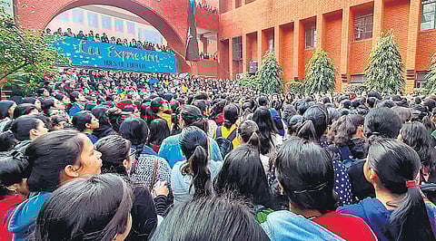 Students of Gargi College stage a protest on campus against the alleged molestation of some girls by ‘drunk’ men during their annual cultural fest. (Photo | PTI)