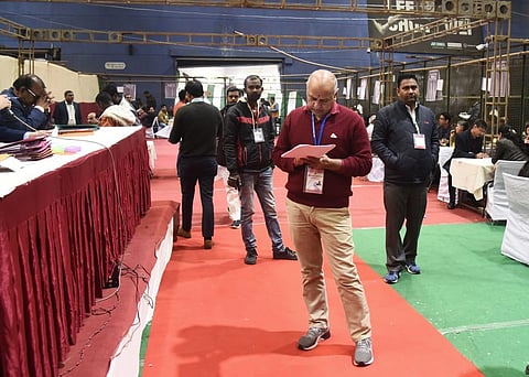 Delhi deputy CM Manish Sisodia at Akshardham counting centre in New Delhi on Tuesday. (Photo | Parveen Negi, EPS)