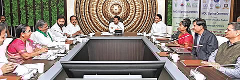 CM YS Jagan Mohan Reddy during a meeting at Tadepalli on Monday I Express