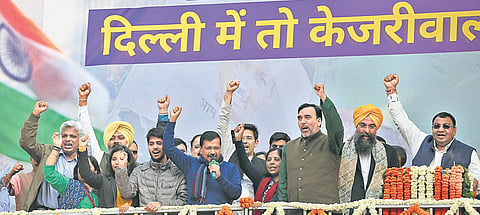 Delhi CM and leader of AAP Arvind Kejriwal waves his supporters during celebrations in New Delhi. (Photo | Shekhar Yadav, EPS)