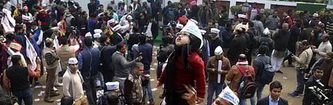 A young supporter of Arvind Kejriwal dressed like him at the AAP headquarters in New Delhi on Tuesday. (File Photo| Shekhar Yadav, EPS)