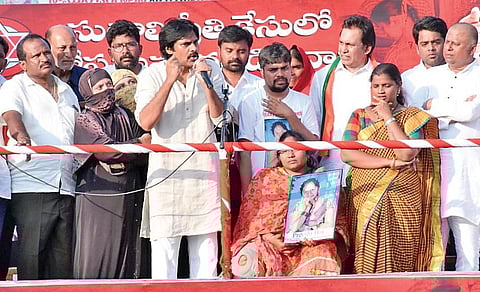 JSP chief Pawan Kalyan addressing a meeting in Kurnool on Wednesday | express