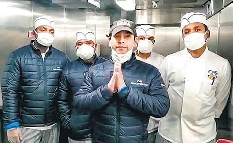 Binay Kumar Sarkar (R) along with other Indian crew members in a SOS video on the quarantined cruise liner Diamond Princess (Photo | PTI)