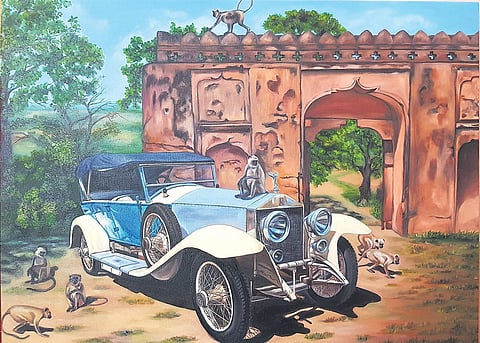 Artworks of vintage car models in oil on canvas by (inset) Vidita Singh, artist and descendant of the royal Barwani family.