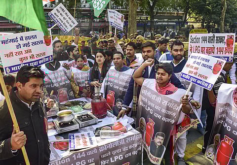 Indian Youth Congress members stage a protest march against the LPG cylinder price hike outside Petroleum Ministry at Shashtri Bhawan in New Delhi Friday Feb. 14 2020. (Photo | PTI)