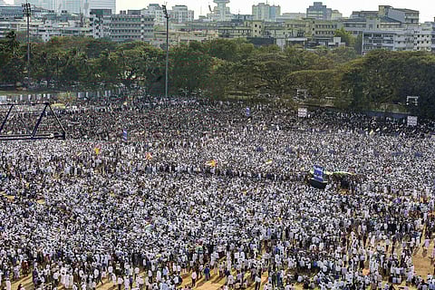 Protestors participate in a rally against CAA NRC and NPR at Azad Maidan in Mumbai. (Photo | PTI)