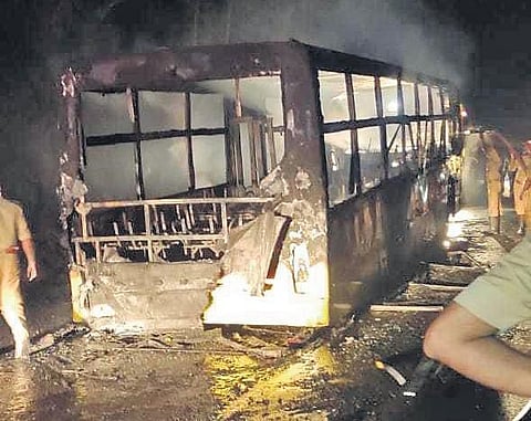 The bus that caught fire near Chalakayam near Pampa on Friday