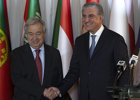 U.N. Secretary-General Antonio Guterres, left, shakes hands with Pakistani Foreign Minister Shah Mahmood Qureshi after giving a joint press conference at the Foreign Ministry in Islamabad, Pakistan, Sunday, Feb. 16, 2020. (Photo | AP)