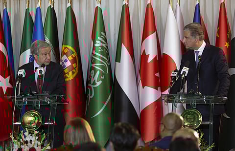U.N. Secretary-General Antonio Guterres, left, addresses a news conference with Pakistani Foreign Minister Shah Mahmood Qureshi at the Foreign Ministry in Islamabad, Pakistan, Sunday, Feb. 16, 2020. (Photo | AP)