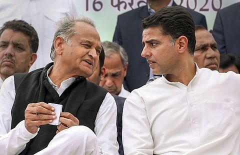 Rajasthan Chief Minister Ashok Gehlot and his deputy Sachin Pilot at a protest against the alleged opposition of tampering in reservation of Scheduled Castes and Scheduled Tribes in Jaipur Sunday Feb. 16 2020. (Photo | PTI)