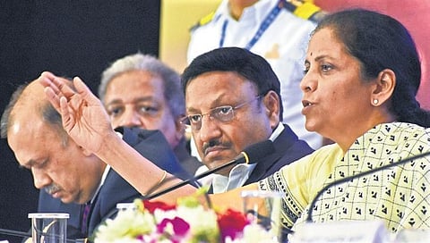 Finance Minister Nirmala Sitharaman addressing the press on the Union Budget 2020 in Hyderabad on Sunday |S Senbagapandiyan