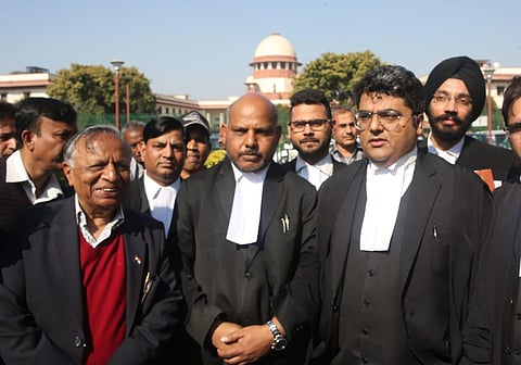 Advocate Amit Sahni and Shashank Deo Sudhi post hearing of the Shaheen Bagh protest case at Supreme court. (Photo| EPS/ Shekhar Yadav)