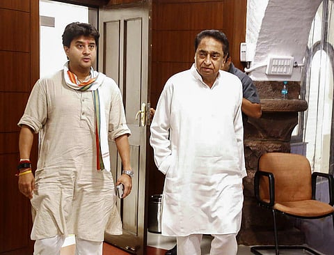 Madhya Pradesh Chief Minister Kamal Nath with Congress General Secretary Jyotiraditya Scindia. (File Photo | PTI)