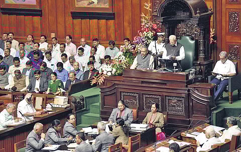 Karnataka Governor Vajubhai Vala addresses the joint session of the state legislature at Vidhana Soudha in Bengaluru, on Monday.