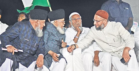 AIMIM chief Asaduddin Owaisi attends a meeting to oppose CAA, NRC and NPR, at Eidgah Grounds in Vijayawada on Tuesday I P Ravindra Babu