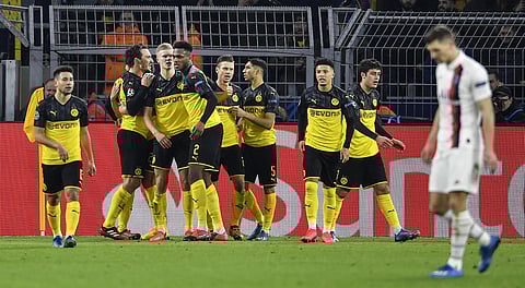 Borussia Dortmund's Haaland and teammates celebrates scoring against PSG (Photo | AP)