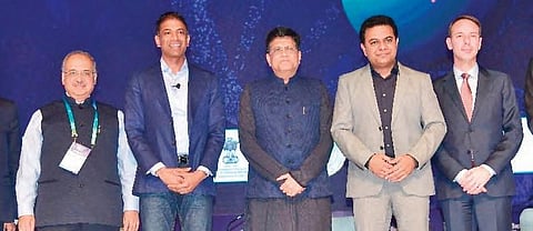 Union Minister for Commerce Piyush Goyal and State Industries Minister KT Rama Rao at the Bio Asia conclave on Tuesday