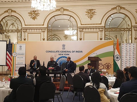 Chhattisgarh CM Bhupesh Baghel interacting with investors in New York. (Photo| EPS)