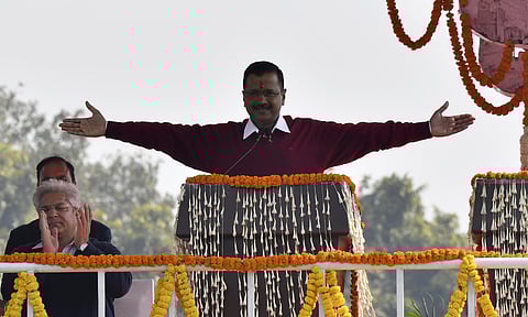 AAP chief Arvind Kejriwal addresses the crowd after he was sworn-in as the Chief Minister of Delhi for the third time at a ceremony at Ramlila Maidan in New Delhi Sunday Feb. 16 2020. (Photo | Parveen Negi, EPS)