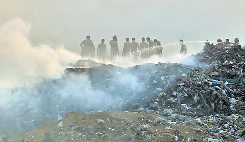 Firefighters battle the blaze at Kochi Corporation’s Brahmapuram waste treatment plant on Tuesday afternoon | Arun Angela