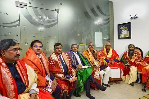 Members of the Sri Ram Janmabhoomi Teerth Kshetra the trust setup to oversee construction of the Ram Temple at Ayodhya during its first meeting at Greater Kailash - I in New Delhi Wednesday Feb. 19 2020. (Photo | PTI)