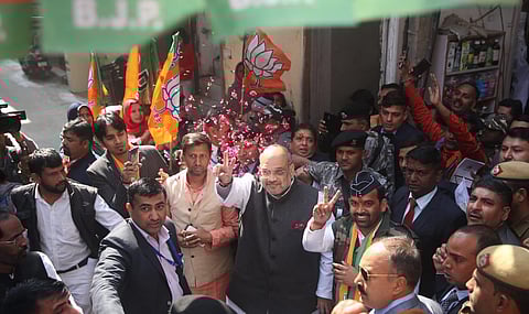 Union Home Minister Amit Shah during the door to door campaign under 'Maha Jan Sampark Abhiyan' in Old Mehram Nagar in New Delhi (Photo | Shekhar Yadav, EPS)
