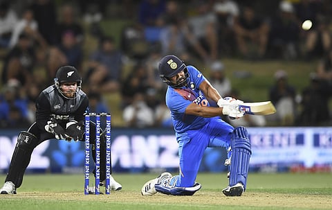 Rohit Sharma was retired hurt after injuring his left calf whilst hitting a six. (Photo | AP)