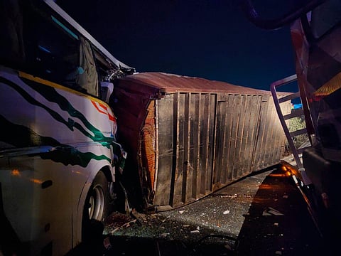 The container lorry with Ernakulam registration was going from Kerala loaded with tiles. The driver and conductor of the bus have died as per the information. (Photo by special arrangement)
