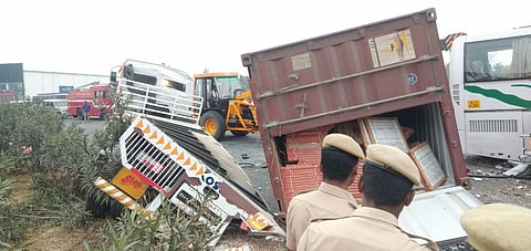 The incident happened at 3 AM on Thursday. The bus had left Tirupur and was entering Coimbatore when the mishap occurred. The preliminary information was that the tyres of the container lorry burst and it lost control . The lorry then hit the divider be