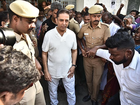 Actor-politician and Makkal Needhi Maiam founder Kamal Haasan comes out of a mortuary after paying homage to three of the victims who died after a crane crashed on the sets of upcoming film Indian 2 in Chennai on Thursday. (Photo | P Jawahar/EPS)