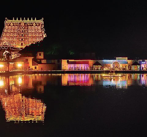 A view of the lit Padmanabhaswamy Temple
