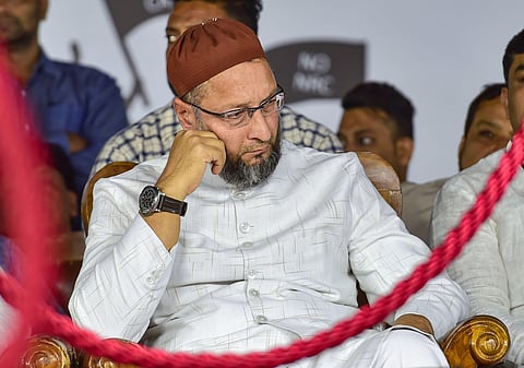 President of the AlI India MIM Asaduddin Owaisi during a protest against CAA NRC and NPR in Bengaluru Thursday Feb.20 2020. (Photo | PTI)