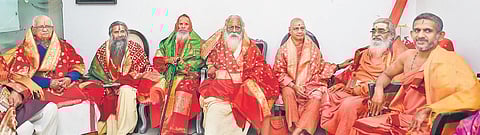 Members of the Sri Ram Janmabhoomi Teerth Kshetra during its first meeting at Greater Kailash - I in New Delhi on Wednesday | pti