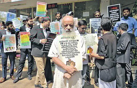 Citizens gather at the DGP’s office on Nrupatunga Road on Thursday to protest against the arrest of parents in connection with the anti-CAA play in Bidar. (File Photo| Meghana Sastry, EPS)